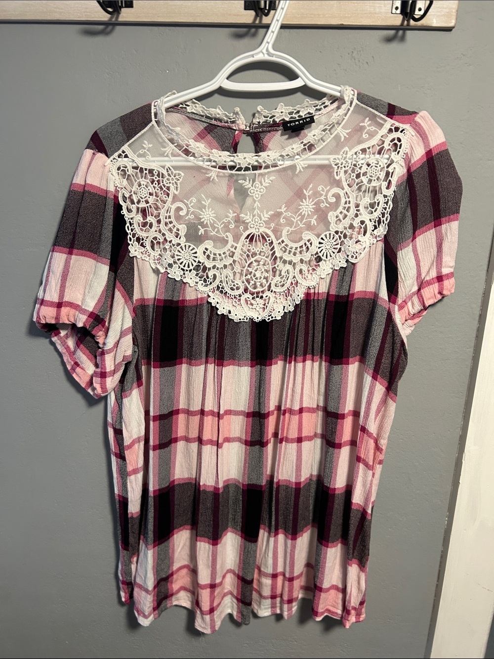 Torrid Pink Plaid Lace-Yoke Women's Top